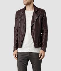 Mens Conroy Leather Biker Jacket Oxblood Allsaints Com Leather Jacket Leather Jacket Men Chic Biker Jacket
