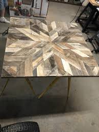 In Progress Quilted Wood Wood Quilt Table Top Made From Pallet Pieces Nailed Onto Plywood 4 By 4 Table N Diy Table Top Wood Furniture Diy Reclaimed Wood Table