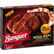 Mechanically separated chicken, pork, water, beef, textured vegetable protein (soy flour, caramel color). Banquet Salisbury Steak Mega Meal 15 25 Oz Foods Co
