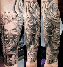 Prof falcon traditional rose cancer ribbon tattoo sad clown city. Realistic Black And Gray Girl Face W Bandana Roses And Sonoma City Hall Building Tatoo Sleeve By Sorin Gabor Tattoonow