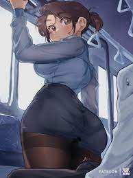 1boy 1girls ass ass in dress big breasts bluethebone bluethebone  (character) boner boner in pants brown eyes brown hair clothed erection  looking back office lady original pantyhose skirt tagme