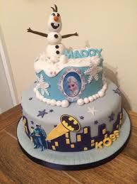 Birthday Cake For Brother Funny Batman And Frozen Themed Cake For A Brother And Sisters Joint Birthday Party Funny Baby Shower Games Combined Birthday Parties Sibling Birthday Parties
