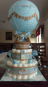 How To Make A Diaper Cake For Baby Shower Baby Shower Boy Hot Air Balloon Diaper Cake Baby Shower Crafts Baby Diaper Cake Baby Shower Balloons