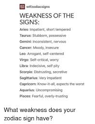 All zodiac signs have their unique qualities and flaws. Tfzodiacsigns Weakness Of The Signs Aries Impatient Short Tempered Taurus Stubborn Possessive Gemini Inconsistent Nervous Cancer Moody Insecure Leo Arrogant Self Centered Virgo Self Critical Worry Libra Indecisive Self Pity Scorpio Distrusting