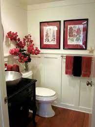 Gallery for black and red bedroom ideas Quick Update To A Powder Room Artwork Flowers New Towels Red Bathroom Decor Bathroom Red White Bathroom Decor