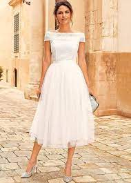 Short Wedding Dresses Kaleidoscope Tulip Bardot Midi Bridal Dress Team Traditional Styling W Midi Wedding Dress Bardot Wedding Dress Short Wedding Dress