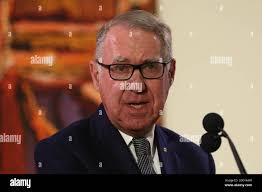 President of the Art Gallery of NSW board of trustees David Gonski (right)  speaks during the announcement of the 2021 Archibald Prize winner at the  Art Gallery of NSW in Sydney, Friday,