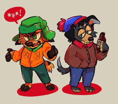253121 - safe, artist:faintsuns, canine, dog, fox, mammal, south park,  beanie, bottle, clothes, container, dialogue, duo, duo male, fangs,  frowning, furrified, gray background, hat, headwear, kyle broflovski (south  park), male, males only,