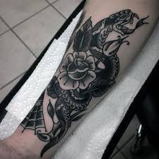 Old School Mens Snake And Rose Flower Shaded Inner Forearm Traditional Tattoos Snake Tattoo Traditional Snake Tattoo Snake Tattoo Design