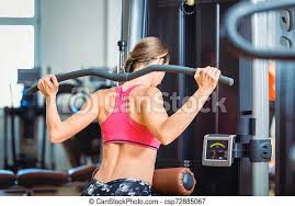 On this page, you'll learn about each of these muscles, their locations and functional anatomy. Fit Woman Exercising Lat Pushdown For Back Muscles In A Modern Fitness Club Rear View Of A Strong Fit Woman Exercising Lat Canstock