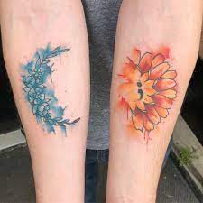 Watercolor Floral Sun And Moon Tattoo C Fidelitytattooco Friend Tattoos Matching Best Friend Tattoos Best Friend Tattoos