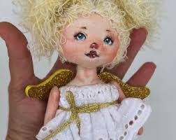 Textile Little Angel Rag Doll Miniature Hand Painted Mermaid OOAK Art  Fabric ONE Doll Christmas Ornament Décor 7"/17 Cm READY for Shipment