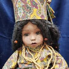 Puppe Porzellan Keine Markierung 9 "große braune Zöpfe , Tan Samt und  Leopard Kleid