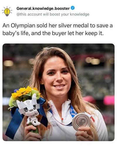 Polish javelin thrower Maria Andrejczyk, who won a silver medal at the  Tokyo Olympic Games immediately auctioned it off to fund an infant's life-saving  surgery. Upon returning home to Poland, Andrejczyk learned