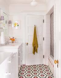 Create a black and white tile floor from both vinyl tile and engineered stone options. Shared Girls Bathroom With Red Black Gray Hexagon Floor Tiles Transitional Bathroom