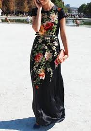 Black Floral Print Round Neck Short Sleeve Maxi Dress Fashion Floral Maxi Dress Dresses