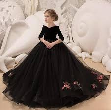 New High Low Flower Girls Dresses 2016 Sheer Long Sleeve Ball Gown Cute Tulle Kids Wedding Go Gowns For Girls Black Flower Girl Dress Childrens Wedding Dresses