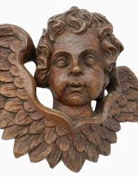 C19 French Carved Oak Angel Cherub Head with Wings