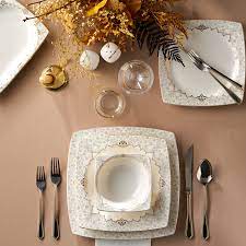 Tüm yemek takımları ürünleri ». Karaca Muhur Fine Cream 60 Parca 12 Kisilik Yemek Takimi Gold Kare Karaca