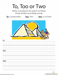 To Two And Too Writing Homophones Worksheet Education Com Homophones Reading Skills Homophones Worksheets