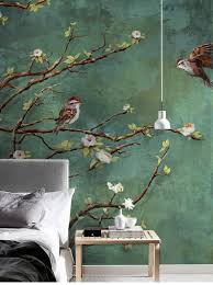 Nature Birds And Flowers Wallpaper Vintage Dark Birds And Flowers Wallpaper Nature Wall Mural Etsy Floral Wall Art Wall Murals Floral Wall