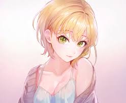 Blond middle aged woman pose on the green screen. Blonde Hair Breasts Cleavage Close Gradient Green Eyes Idolmaster Idolmaster Cinderella Girls Magako Miyamoto Frederica Short Hair Konachan Com Konachan Com Anime Wallpapers