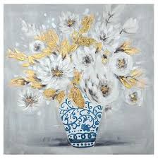 Fiori bianchi in un vaso. Lorenzon Gift Quadro Vaso Con Fiori Bianchi Foglie Oro