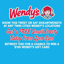 The wendy's frosty coupons booklet are here! Kfan1003 On Twitter Say Iheartwendys At Tc Metro Wendys Today 2 5pm Get Free Sm Frosty Rt For A Chance At A 100 Wendy S Gift Card Http T Co Xfgn8ysqtj