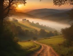 Distant farm, vast hills, fog, sun rays, dirt path through dense forest -  SeaArt AI