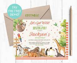 Editable Boy Zoo Invitation Zoo Birthday Party Invitation Etsy Animal Party Invitations Zoo Birthday Party Zoo Birthday