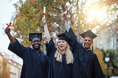 University graduation, certificate and portrait of friends excited for  learning goals, achievement or future. Young graduate group of students,  diploma and celebration of success in college education | Buy Stock Photo on