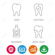 tooth dental crown and mouthwash icons check teeth linear sign