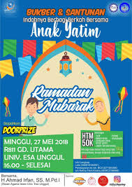 Alhamdulillah patut kiranya kita bersyukur kepad ilahi robi yang telah memberikan kesempatan untuk berkumpul disini pada acara santunan anak yatim dan buka bersama dalam semarak hari kemengann menyambut idhul fitri 1437 ini , oleh karnanya marilah kita panjatkan puja dan puji syukur kita khadirat allah swt yang telah memberikan kita beraneka. Yuk Ikut Buka Puasa Bersama Dan Silaturahmi Serta Santunan Anak Yatim Fakultas Ekonomi