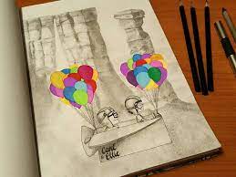 Drawing Inspired By Carl Ellie From Disney Pixar S Up Drawn With Pencil And Gel Pens Drawings Disney Pixar Up Disney Art