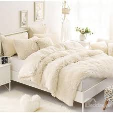 Solid Creamy White Soft 4 Piece Fluffy Bedding Sets Duvet Cover Fluffy Bedding Bed Linens Luxury Bedding Sets