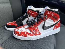 Air Jordan 1 X Off White X Louis Vuitton Custom Red Black Louis Vuitton Supreme X Jordan 1 Mid Nike Air Jordan Shoes Custom Shoes Diy Custom Jordans