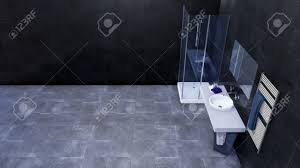 Check spelling or type a new query. Overhead View Of Modern Minimalist Bathroom Interior With Simple Glass Walk In Shower Mirror White Wash Basin And Black Marble Tiled Wall With Copy Space Stock Photo Picture And Royalty Free Image