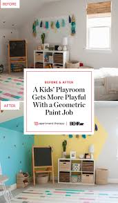 Before After A Kids Playroom Gets Way More Playful With A Geometric Paint Job Playroom Paint Colors Playroom Paint Playroom