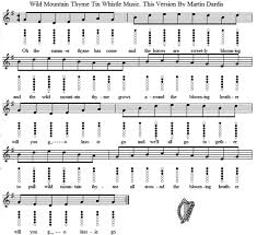 Please find links above each music excerpt. Wild Mountain Thyme Go Lassie Go Sheet Music And Easy Tin Whistle And Piano Letter Notes Irish Folk Songs