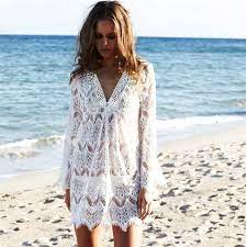 Long Sleeved V Neck Lace Tunic Beach Mini Dress White Short Dress Fashion