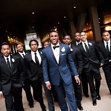 Black And Blue Wedding Ryan Wore A Handsome Navy Tux With A Black Bow Tie While The Groomsmen All Looked Classic In Black Tuxe Wedding Suits Men Black Wedding Groomsmen Navy Tuxedos