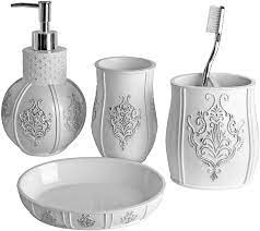 Check spelling or type a new query. Amazon Com Vintage White Bathroom Accessories Set 4 Piece Bathroom Set Features Soap Dispenser Toothbrush Holder Tumbler Soap Dish Bath Gift Set French Style Design Home Kitchen