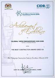 Is a private limited company established in july 1998 to participate in challenging and competitive demanding world of global inspection is backed by experience in their management and technical personal who have more than 20 years experience in their respective fields. Achievement Award As The Best Contractor Award Gred 4 The Malaysian Construction Industry Excellence Awards Mciea 2018 Globalview