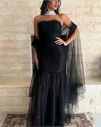 Elegant Black Evening Gowns, Long Mermaid Dresses: Strapless Black Tulle  Evening Dress With Pleats And Zipper, Floor Length Formal Gown From  Dyy_dress88, $83.34 | DHgate.Com