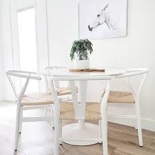 Whitelanedecor Whitelanedecor White Wishbone Chair White Weave Chairs Poly Bark White Tulip Tab Wishbone Chair Dining Eclectic Dining Tables Woven Chair