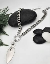 Large Silver Pointy Shield Pendant Necklace• Inspirational Words O Ring  Pendant• Star Coin Charm• Bold Adjustable Curb Chain by Anangelshug