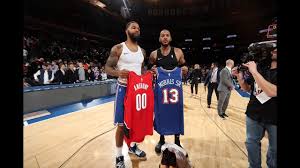 Get the best deals on mens carmelo anthony nuggets jersey and save up to 70% off at poshmark now! Carmelo Anthony Gets Warm Welcome Back At Msg And Swaps Jerseys With Marcus Morris Youtube