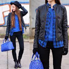 Springfield Blue Quilted Bag Springfield Black Leather Jacket Springfield Blue Checked Shirt Flannel Fashion Black Pants Outfit Black Tight Pants