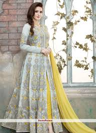 Mint floral embroidered peplum anarkali. Buy Floral Grey And Yellow Floor Length Anarkali Suit Online