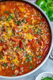 Brown beef, transfer to slow cooker. Easy Stuffed Pepper Soup Recipe Healthy Fitness Meals